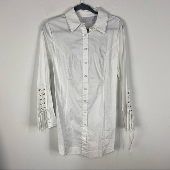 Soft Surroundings White Lace Up Bell Sleeve Button Down Long Sleeve Top - Picture 1 of 4